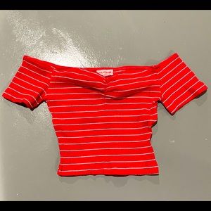 RE:NAMED red striped off the shoulder crop top
